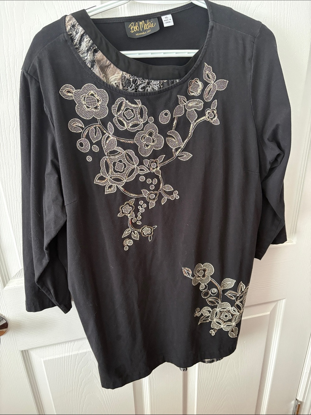 Bob Mackie Black Top with Cream Floral Embroidery
